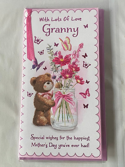 With Lots Of Love Granny Mother's Day Mothers Day Card Teddy/Flowers/Butterflies/Jar Ribbon/Foil Detail