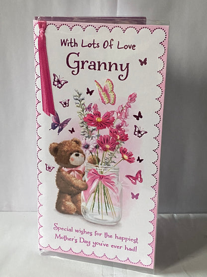 With Lots Of Love Granny Mother's Day Mothers Day Card Teddy/Flowers/Butterflies/Jar Ribbon/Foil Detail