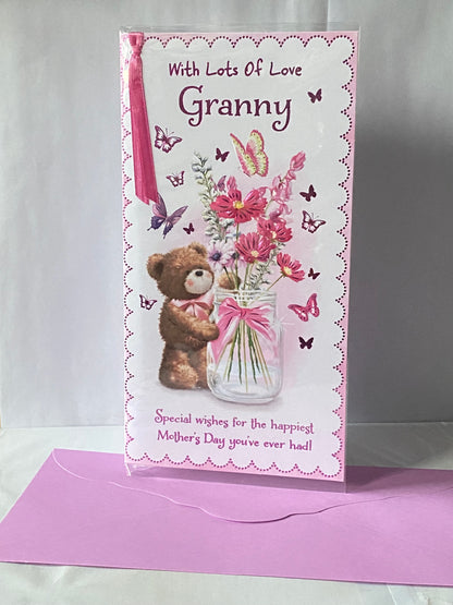 With Lots Of Love Granny Mother's Day Mothers Day Card Teddy/Flowers/Butterflies/Jar Ribbon/Foil Detail