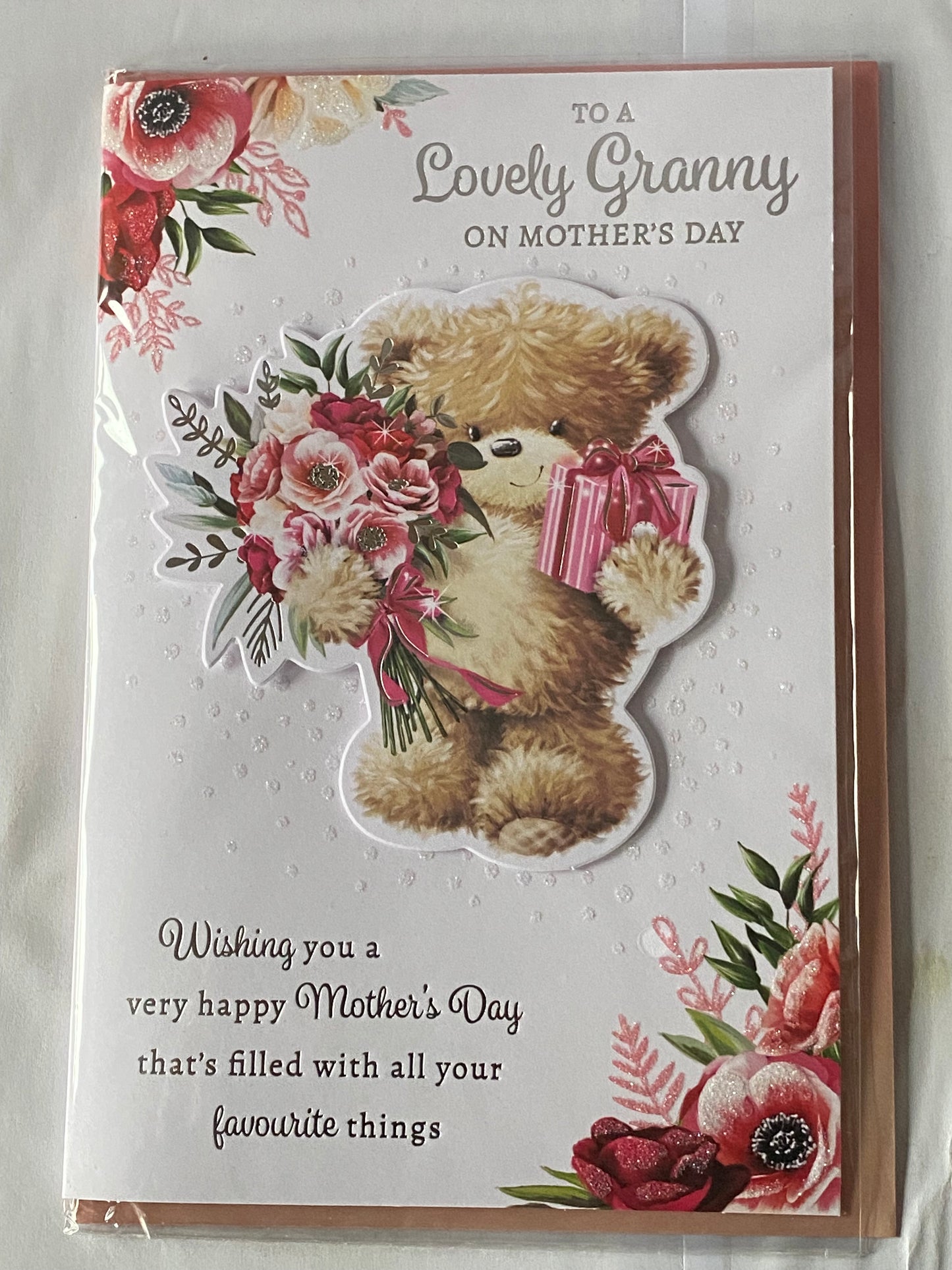 To A Lovely Granny On Mother's Day Mothers Day Card Teddy/Pink Flowers+Present/Silver Words 3D/Glitter/Foil Detail