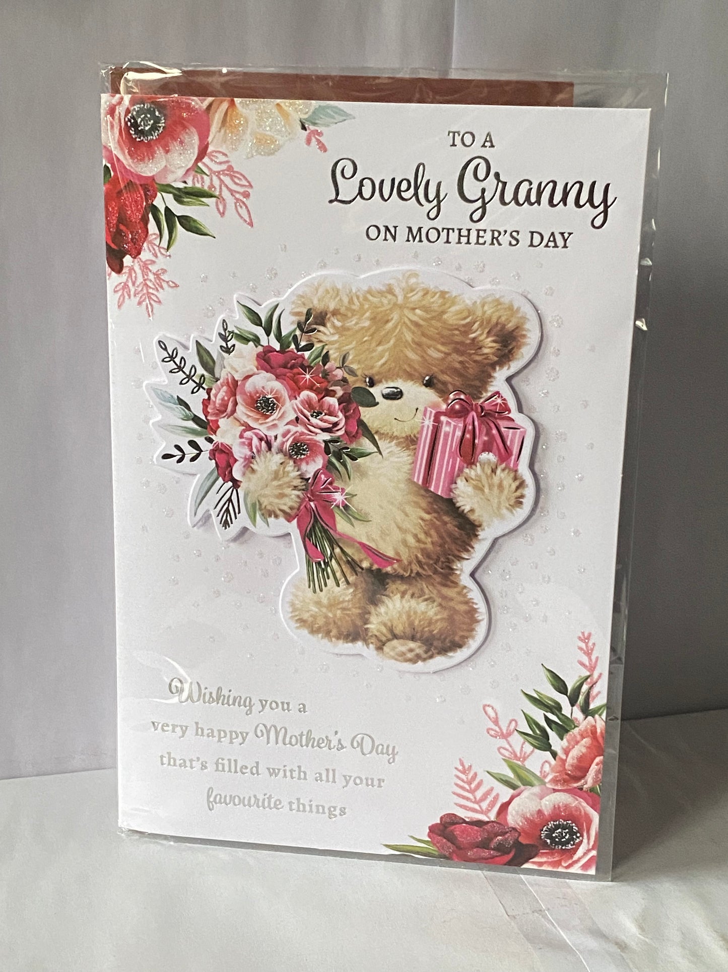 To A Lovely Granny On Mother's Day Mothers Day Card Teddy/Pink Flowers+Present/Silver Words 3D/Glitter/Foil Detail