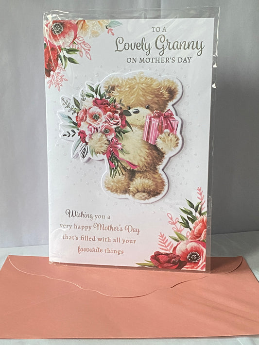 To A Lovely Granny On Mother's Day Mothers Day Card Teddy/Pink Flowers+Present/Silver Words 3D/Glitter/Foil Detail