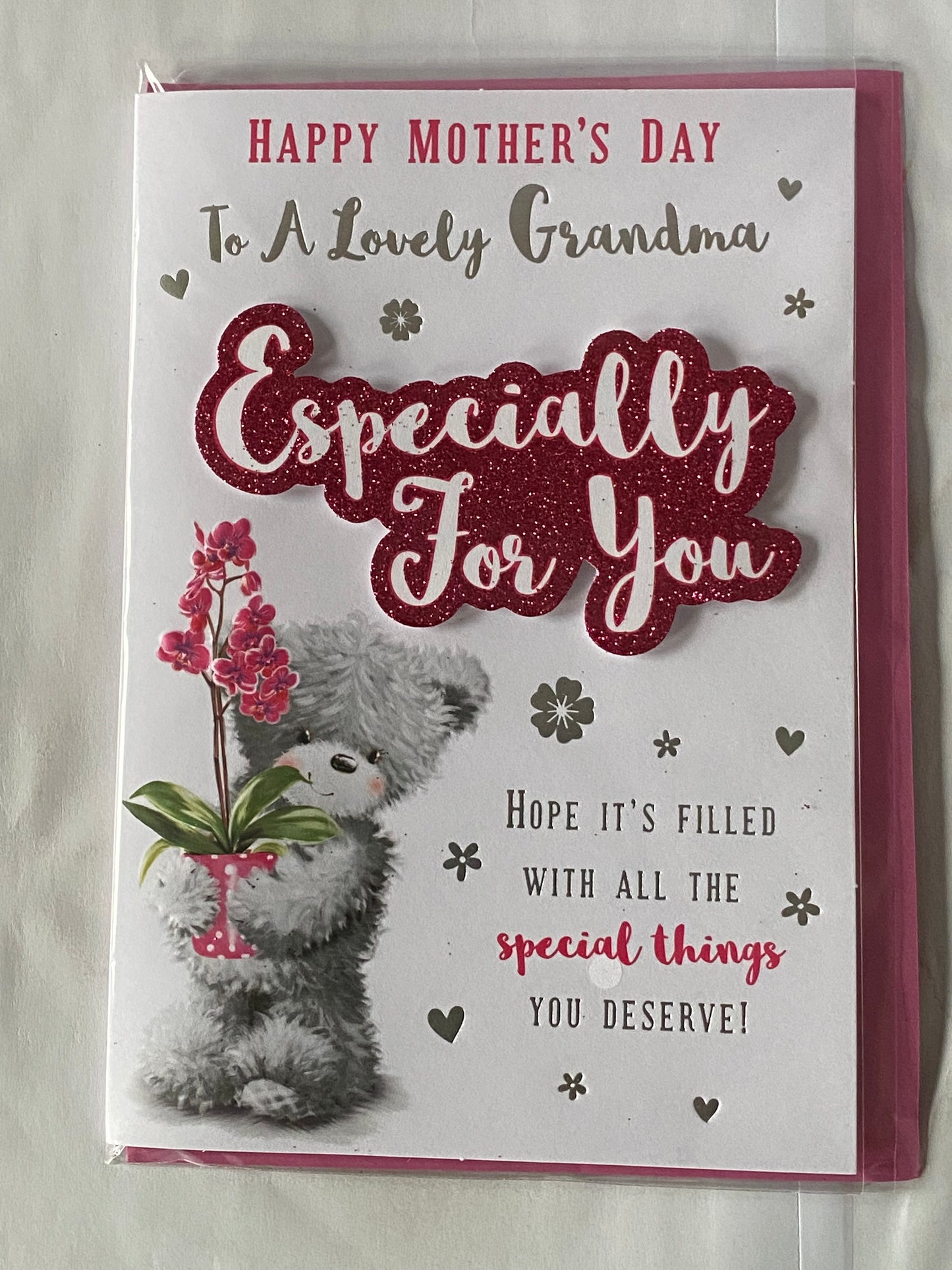 Happy Mother's Day To A Lovely Grandma Especially For You Mother's Day Mothers Day Card Grey Teddy/Pink Flower/Words 3D/Glitter/Foil Detail(PRELUDE47670)