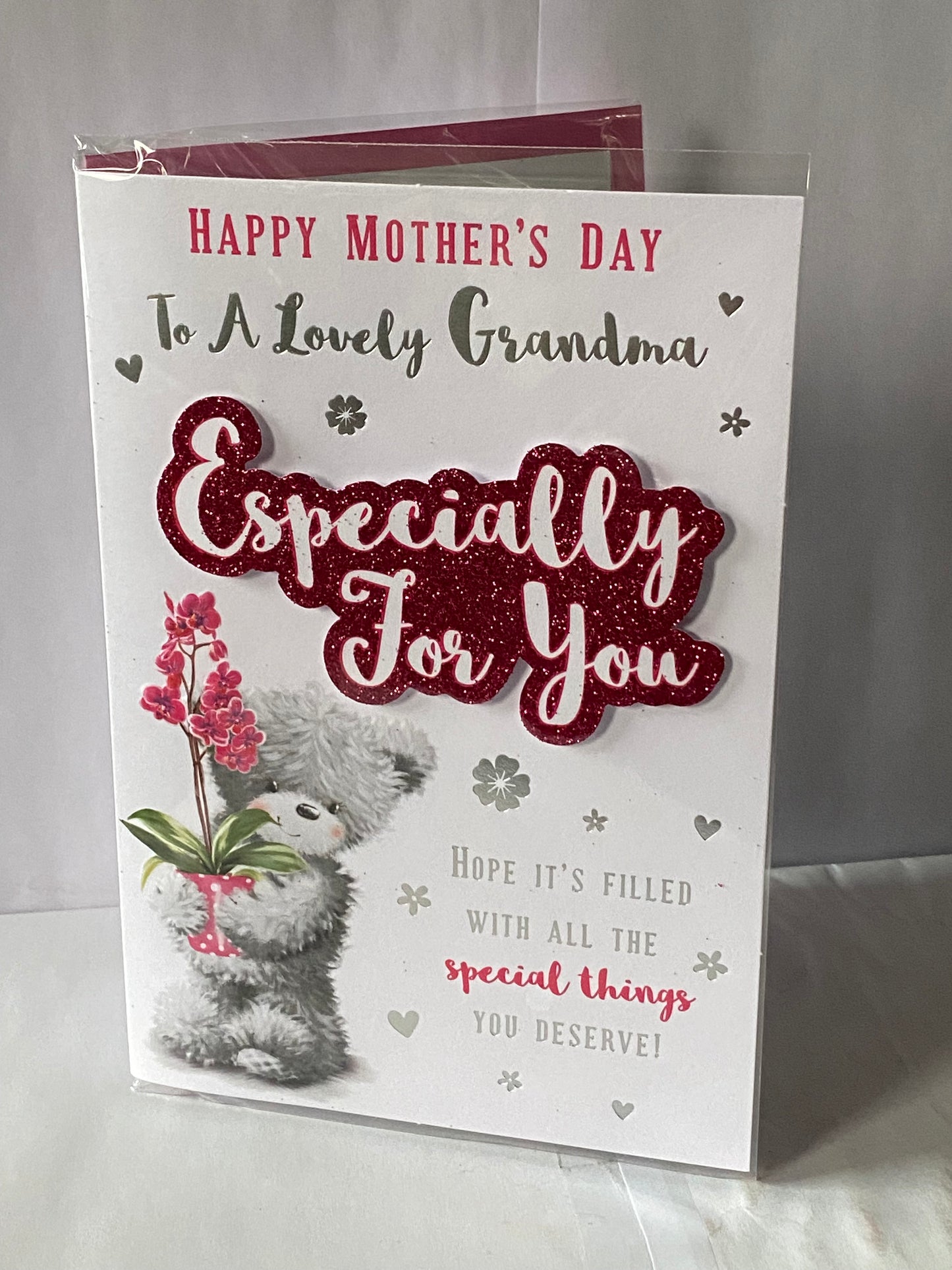 Happy Mother's Day To A Lovely Grandma Especially For You Mother's Day Mothers Day Card Grey Teddy/Pink Flower/Words 3D/Glitter/Foil Detail(PRELUDE47670)