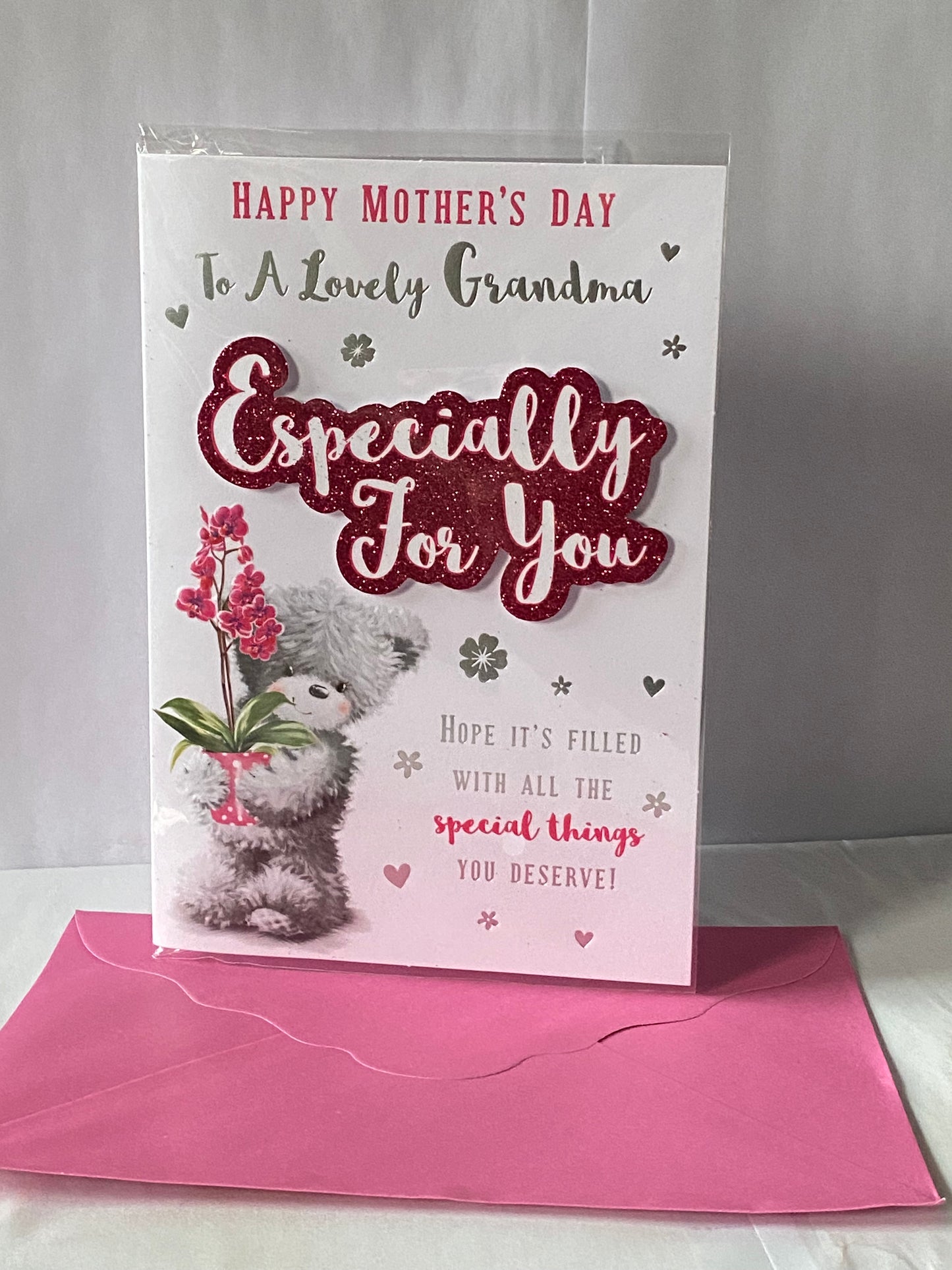 Happy Mother's Day To A Lovely Grandma Especially For You Mother's Day Mothers Day Card Grey Teddy/Pink Flower/Words 3D/Glitter/Foil Detail(PRELUDE47670)