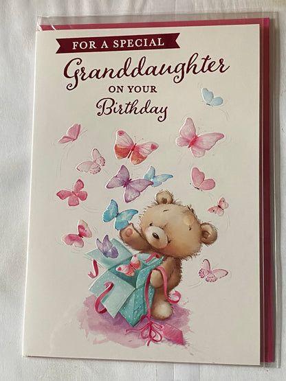 For A Special Granddaughter On Your Birthday Card Teddy/Butterflies/Green Present Foil Detail(NC-VA125E)