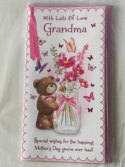 With Lots Of Love Grandma Mother's Day Mothers Day Card Teddy/Flowers/Butterflies/Jar Ribbon/Foil Detail(PRELUDE47674)