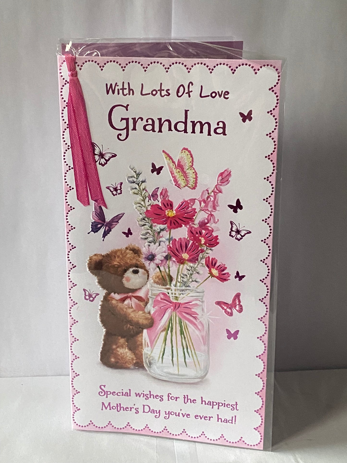 With Lots Of Love Grandma Mother's Day Mothers Day Card Teddy/Flowers/Butterflies/Jar Ribbon/Foil Detail(PRELUDE47674)