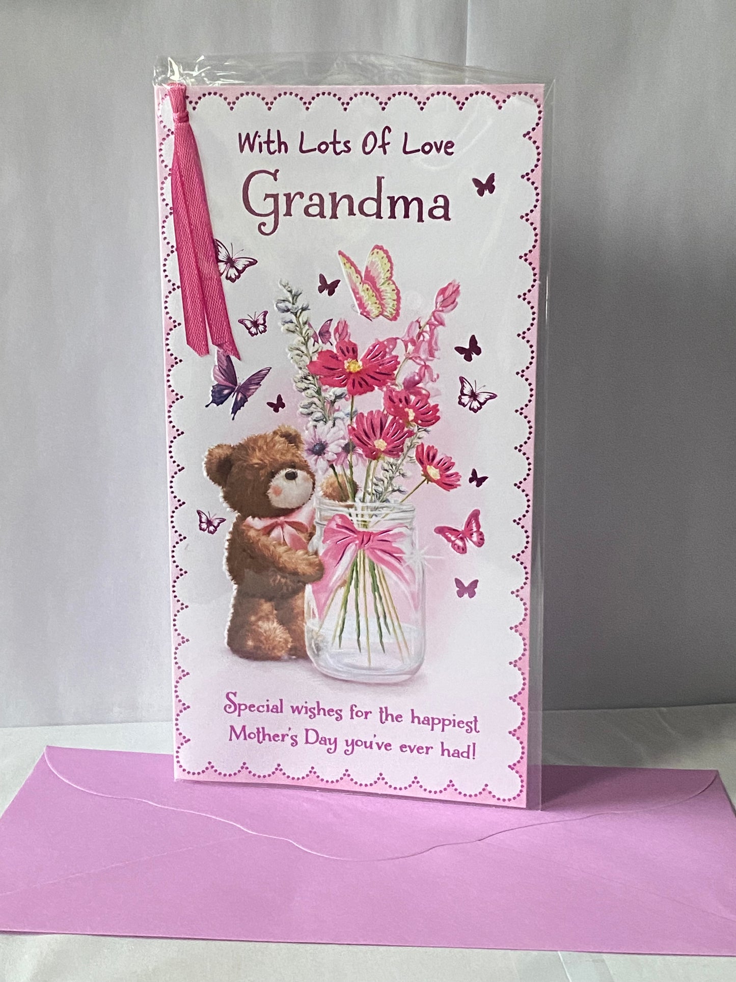 With Lots Of Love Grandma Mother's Day Mothers Day Card Teddy/Flowers/Butterflies/Jar Ribbon/Foil Detail(PRELUDE47674)