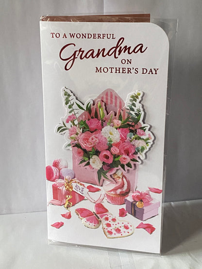 To A Wonderful Grandma On Mother's Day Mothers Day Card Pink+White Flowers/Presents 3D/Glitter/Foil Detail(PRELUDE47678)