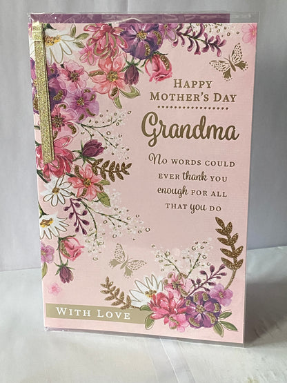 Happy Mother's Day Grandma Mother's Day Mothers Day Card Pink-Gold Flowers/Gold Words Ribbon/Glitter/Foil Detail(PRELUDE47687)