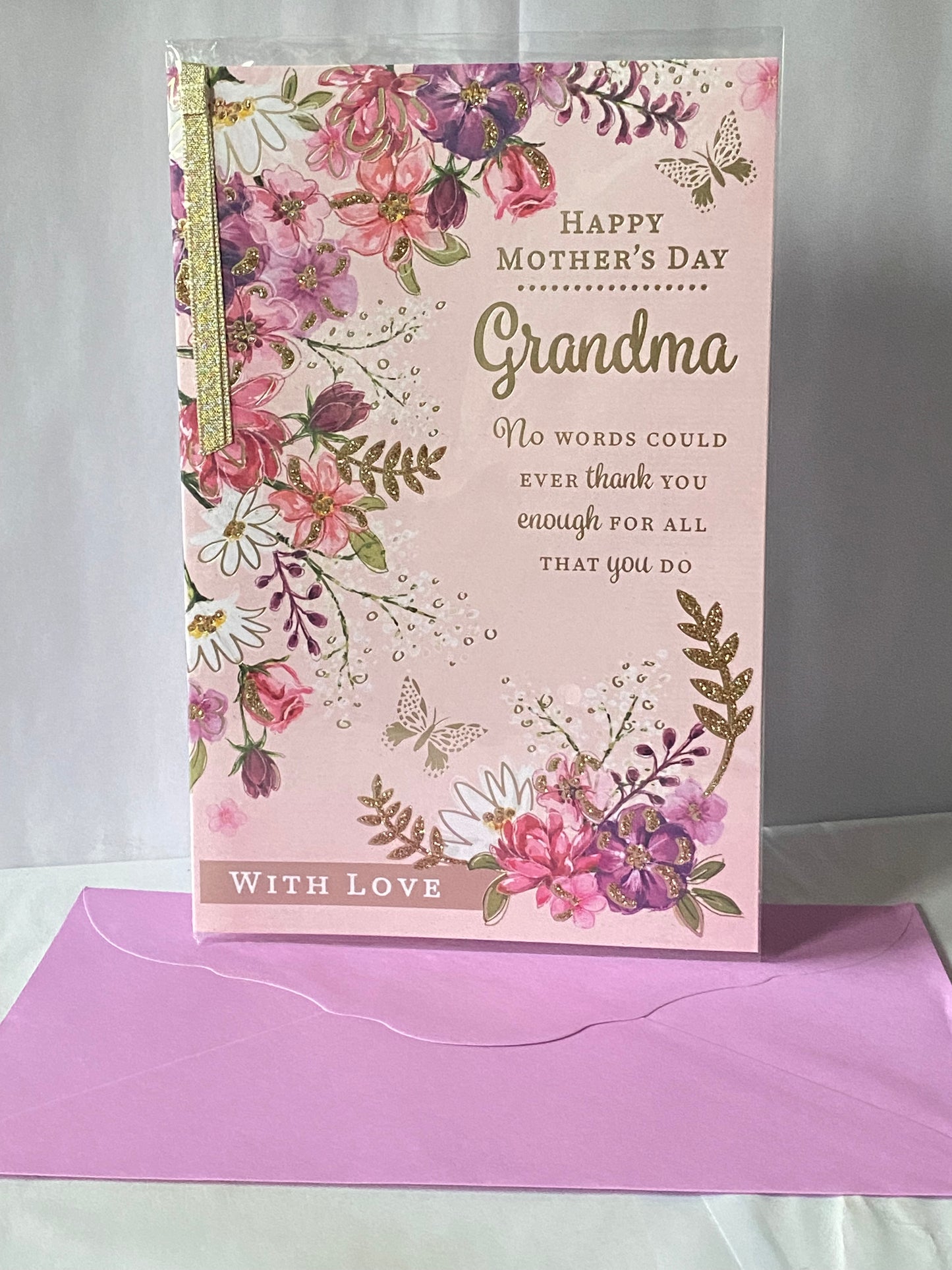 Happy Mother's Day Grandma Mother's Day Mothers Day Card Pink-Gold Flowers/Gold Words Ribbon/Glitter/Foil Detail(PRELUDE47687)