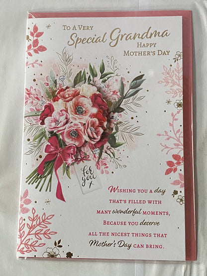 To A Very Special Grandma Happy Mother's Day Mothers Day Card Bunch Pink Flowers/Words 3D/Glitter/Foil Detail(PRELUDE47691)