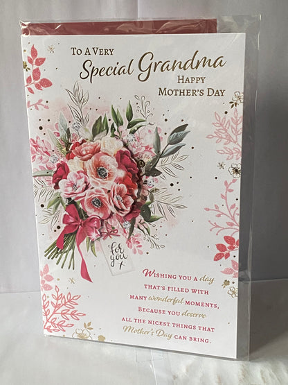 To A Very Special Grandma Happy Mother's Day Mothers Day Card Bunch Pink Flowers/Words 3D/Glitter/Foil Detail(PRELUDE47691)