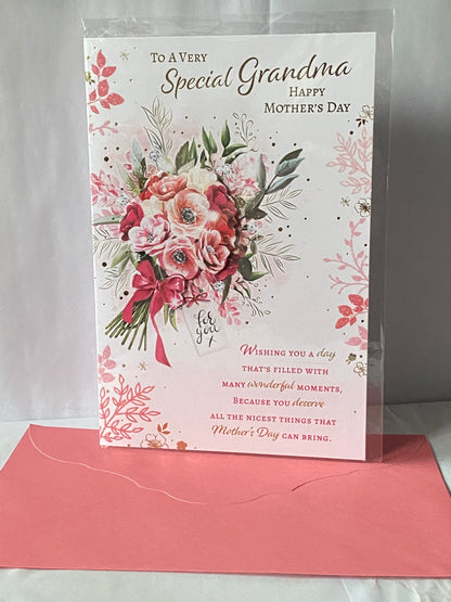 To A Very Special Grandma Happy Mother's Day Mothers Day Card Bunch Pink Flowers/Words 3D/Glitter/Foil Detail(PRELUDE47691)