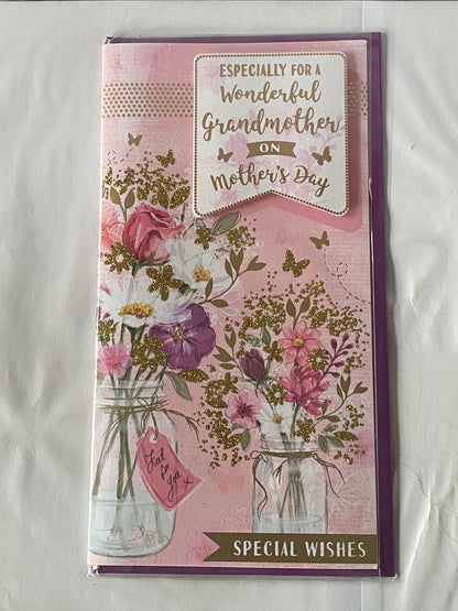 Especially For A Wonderful Grandmother On Mother's Day Special Wishes Mothers Day Card Pink-Multi/Gold Flowers/Jars 3D/Glitter/Foil Detail(PRELUDE44043)