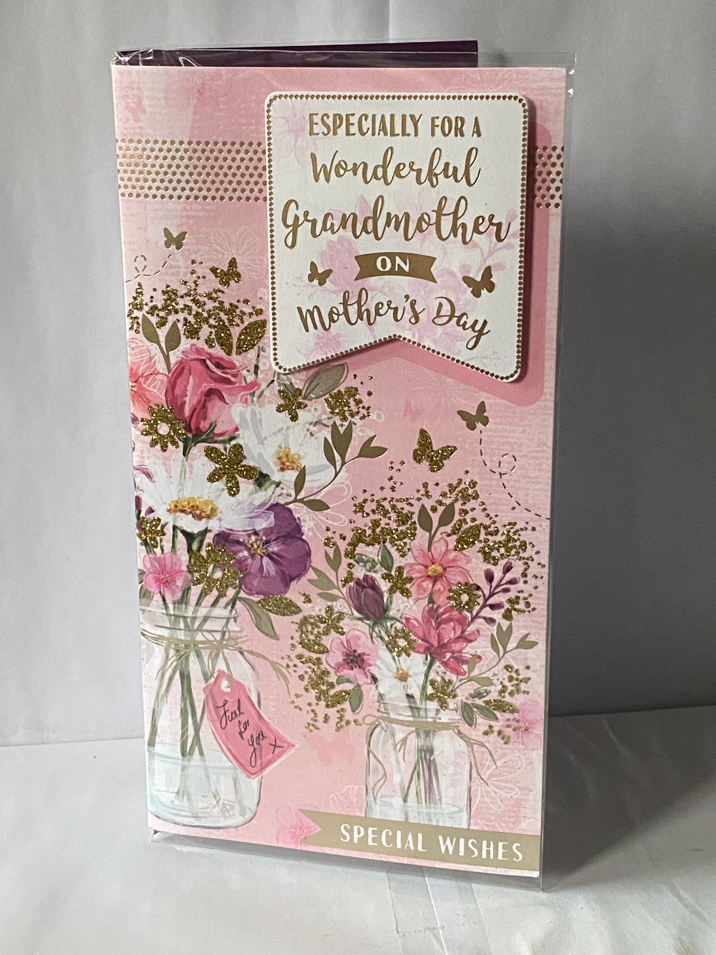 Especially For A Wonderful Grandmother On Mother's Day Special Wishes Mothers Day Card Pink-Multi/Gold Flowers/Jars 3D/Glitter/Foil Detail(PRELUDE44043)