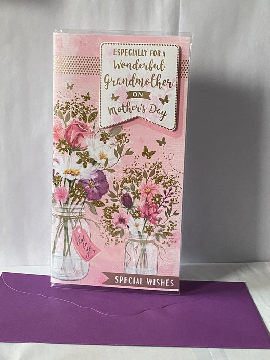 Especially For A Wonderful Grandmother On Mother's Day Special Wishes Mothers Day Card Pink-Multi/Gold Flowers/Jars 3D/Glitter/Foil Detail(PRELUDE44043)