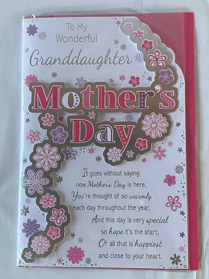 To My Wonderful Granddaughter Mother's Day Mothers Day Card Pink/Purple Flowers/Silver Words 3D/Foil Detail(PRELUDE38534)