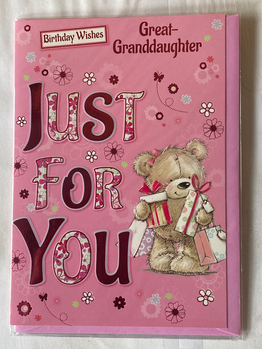 Birthday Wishes Great-Granddaughter Just For You Birthday Card Pink Teddy/Bags/Presents/Words Foil Detail(PH42320E)