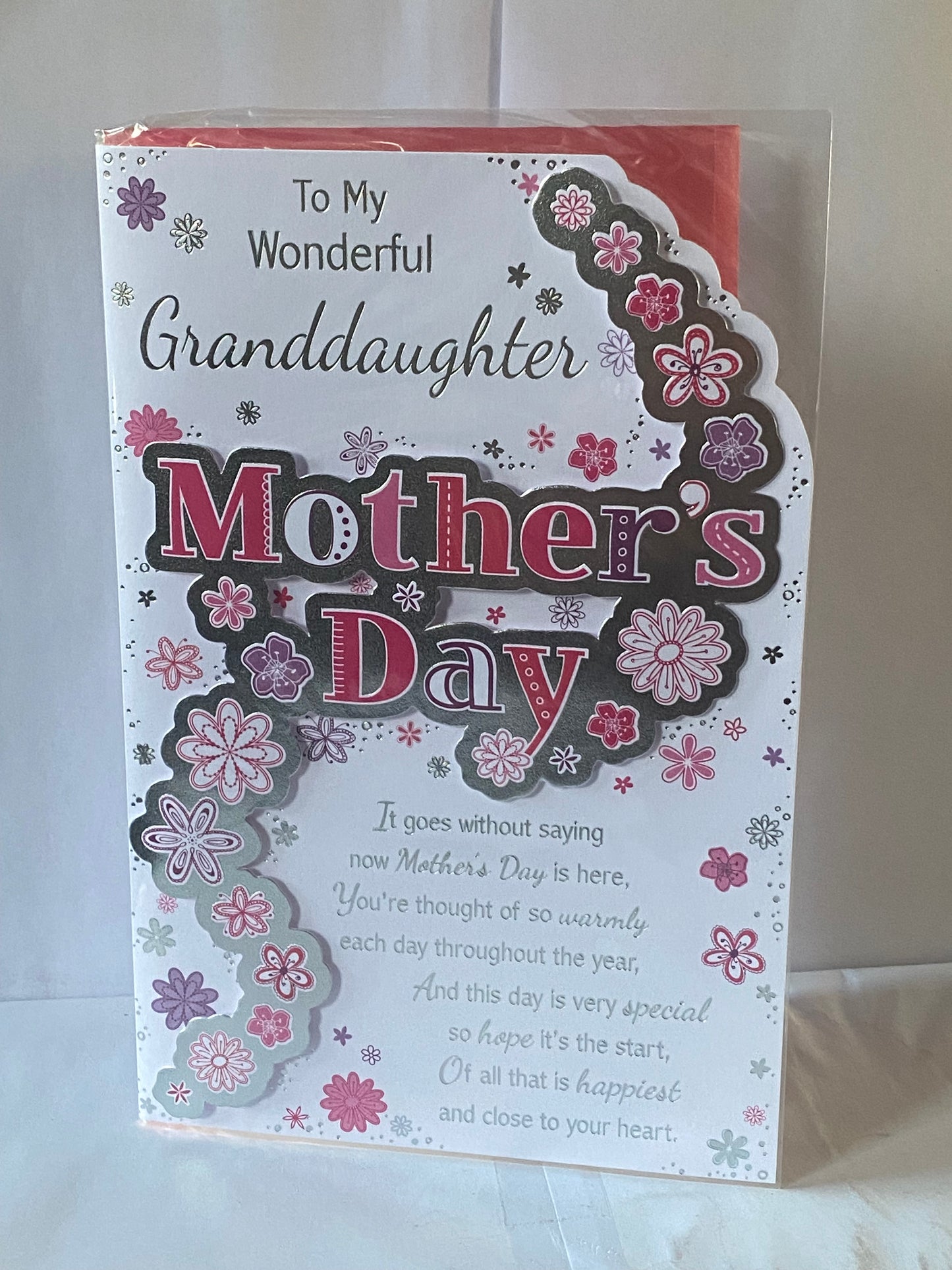 To My Wonderful Granddaughter Mother's Day Mothers Day Card Pink/Purple Flowers/Silver Words 3D/Foil Detail(PRELUDE38534)