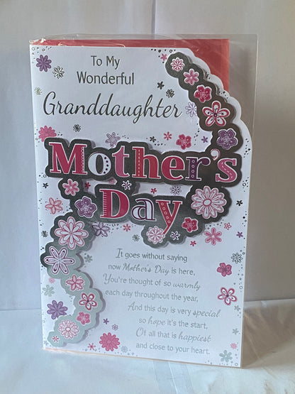 To My Wonderful Granddaughter Mother's Day Mothers Day Card Pink/Purple Flowers/Silver Words 3D/Foil Detail(PRELUDE38534)