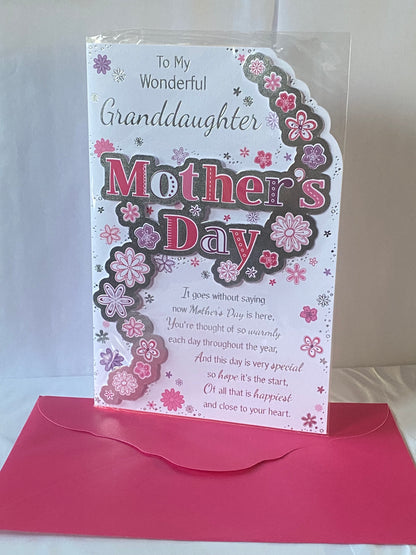 To My Wonderful Granddaughter Mother's Day Mothers Day Card Pink/Purple Flowers/Silver Words 3D/Foil Detail(PRELUDE38534)