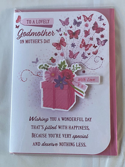 To A Lovely Godmother On Mother's Day Mothers Day Card Pink Present/Butterflies/Words 3D/Glitter/Foil Detail(PRELUDE47673)