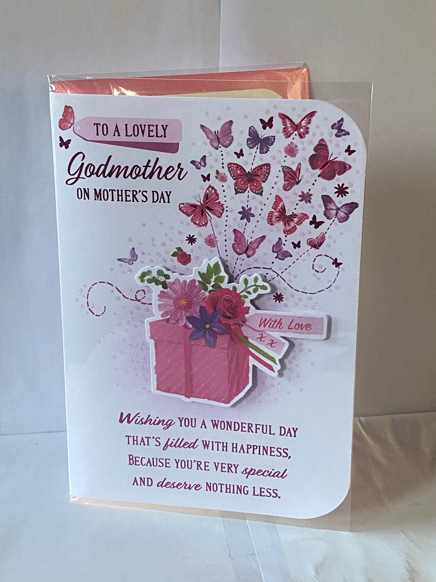 To A Lovely Godmother On Mother's Day Mothers Day Card Pink Present/Butterflies/Words 3D/Glitter/Foil Detail(PRELUDE47673)