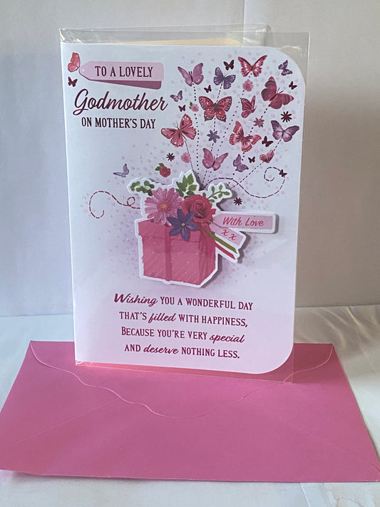 To A Lovely Godmother On Mother's Day Mothers Day Card Pink Present/Butterflies/Words 3D/Glitter/Foil Detail(PRELUDE47673)