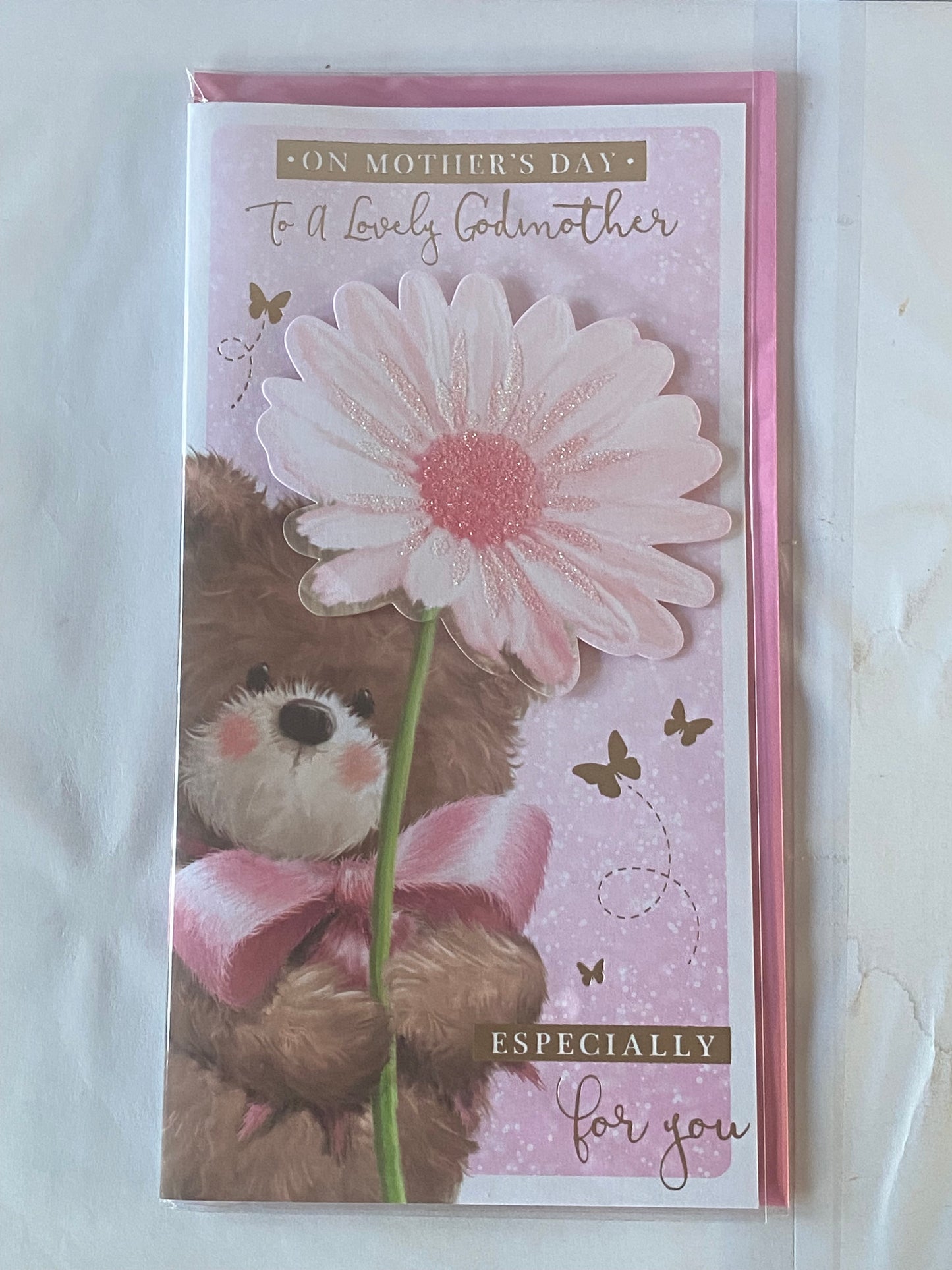 On Mother's Day To A Lovely Godmother Especially For You Mother's Day Mothers Day Card Pink-Teddy/Big Pink Flower 3D/Glitter/Foil Detail(PRELUDE44038)