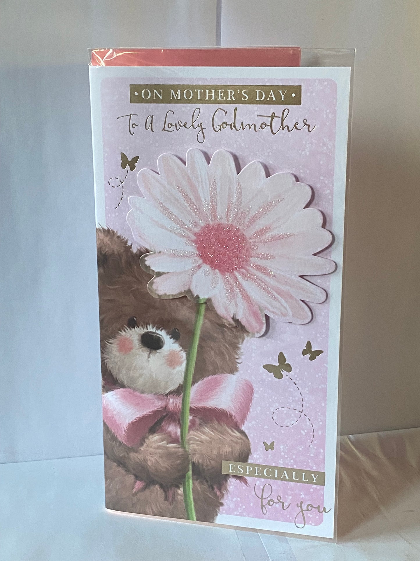 On Mother's Day To A Lovely Godmother Especially For You Mother's Day Mothers Day Card Pink-Teddy/Big Pink Flower 3D/Glitter/Foil Detail(PRELUDE44038)