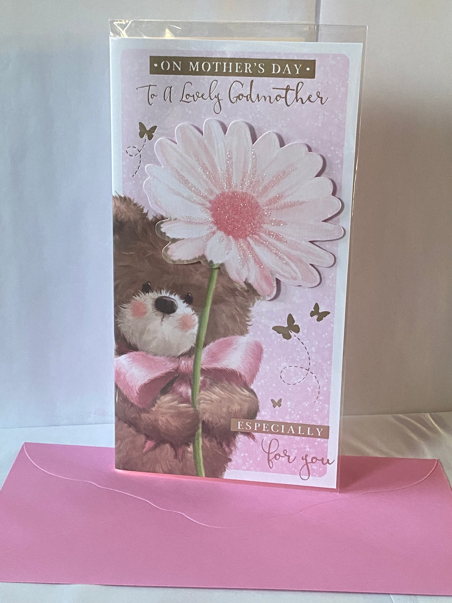 On Mother's Day To A Lovely Godmother Especially For You Mother's Day Mothers Day Card Pink-Teddy/Big Pink Flower 3D/Glitter/Foil Detail(PRELUDE44038)