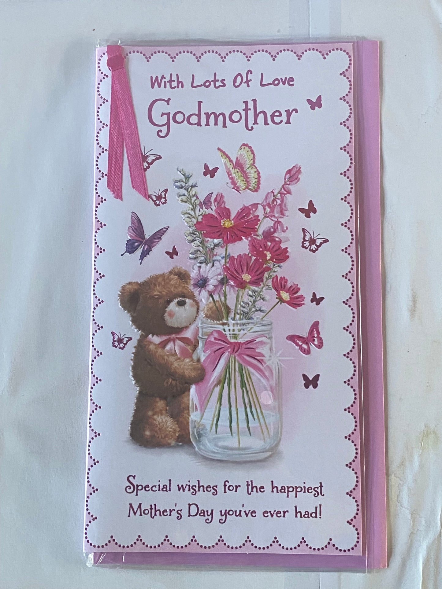 With Lots Of Love Godmother Mother's Day Mothers Day Card Teddy/Flowers/Butterflies/Jar Ribbon/Foil Detail(PRELUDE47674)