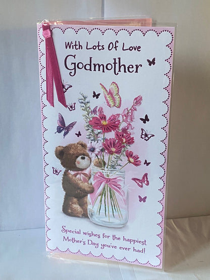 With Lots Of Love Godmother Mother's Day Mothers Day Card Teddy/Flowers/Butterflies/Jar Ribbon/Foil Detail(PRELUDE47674)