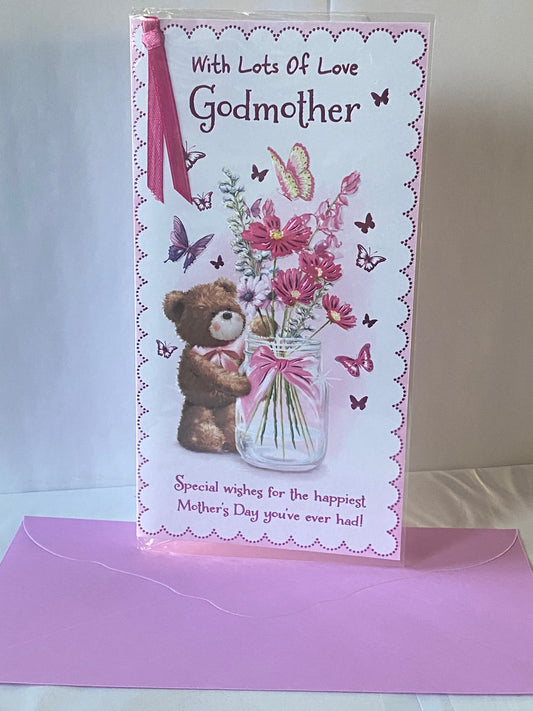 With Lots Of Love Godmother Mother's Day Mothers Day Card Teddy/Flowers/Butterflies/Jar Ribbon/Foil Detail(PRELUDE47674)