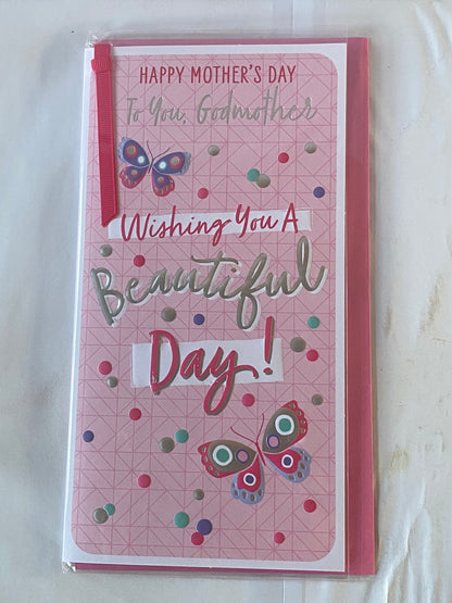 Happy Mother's Day To You Godmother Wishing You A Beautiful Day! Mother's Day Mothers Day Card Pink-Multi Butterflies/Words Ribbon/Foil Detail(PRELUDE49800)