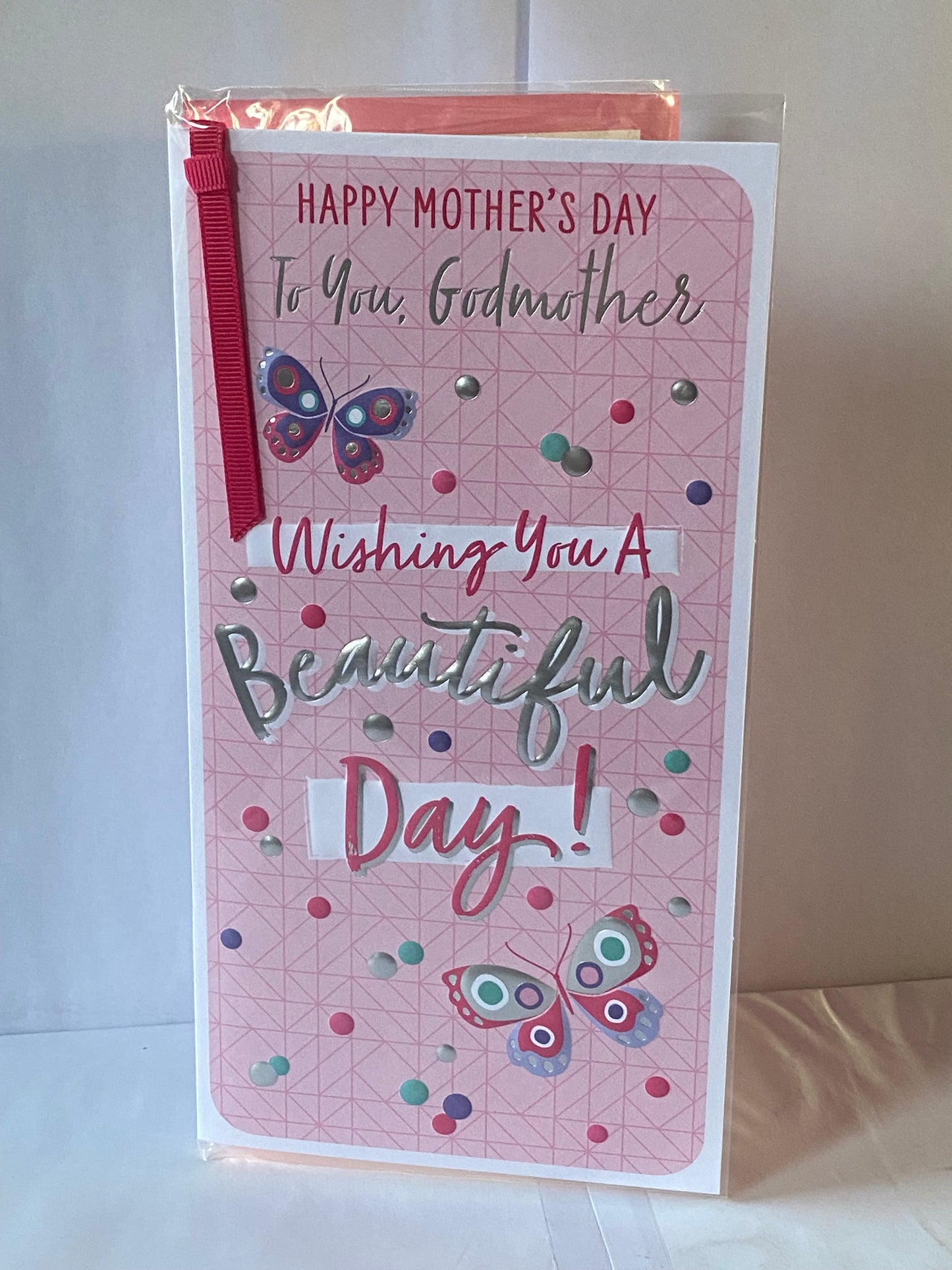 Happy Mother's Day To You Godmother Wishing You A Beautiful Day! Mother's Day Mothers Day Card Pink-Multi Butterflies/Words Ribbon/Foil Detail(PRELUDE49800)