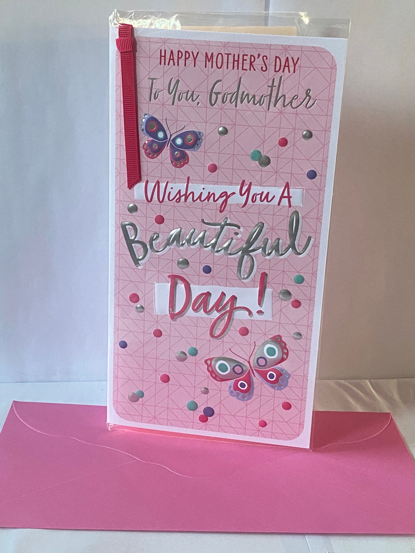 Happy Mother's Day To You Godmother Wishing You A Beautiful Day! Mother's Day Mothers Day Card Pink-Multi Butterflies/Words Ribbon/Foil Detail(PRELUDE49800)