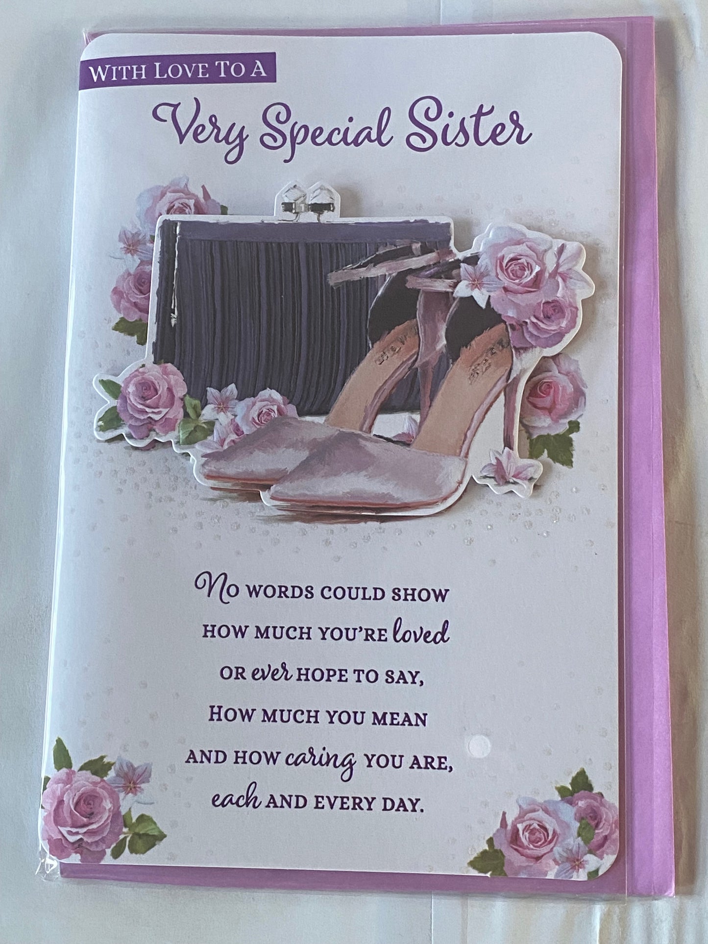 With Love To A Very Special Sister Mother's Day Mothers Day Card Purple Shoes/Bag/Flowers/Words 3D/Glitter/Foil Detail(PRELUDE47150)