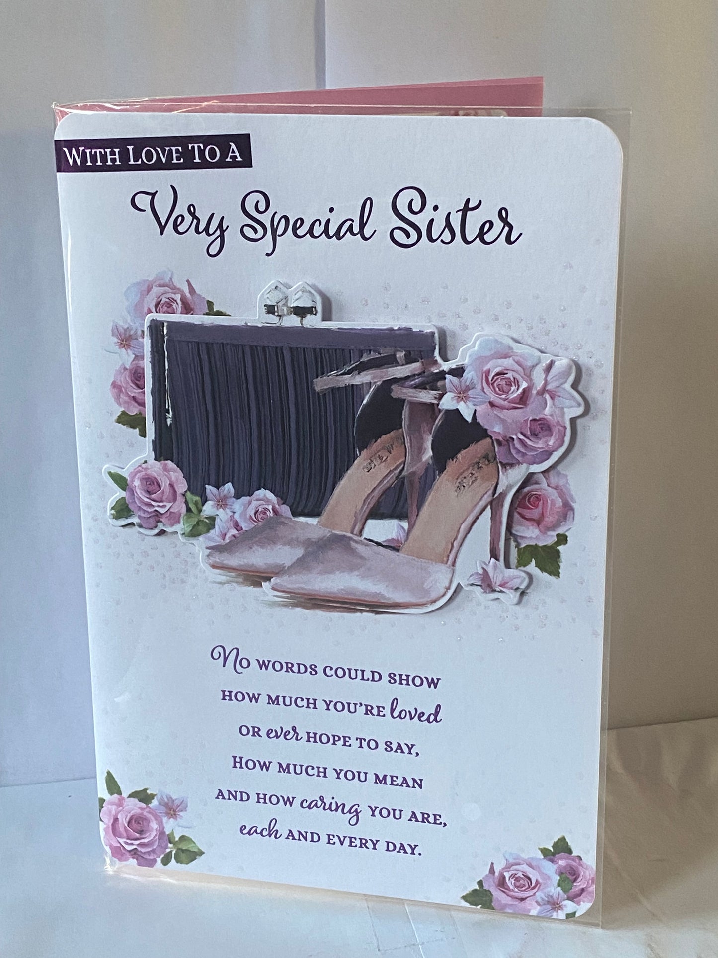 With Love To A Very Special Sister Mother's Day Mothers Day Card Purple Shoes/Bag/Flowers/Words 3D/Glitter/Foil Detail(PRELUDE47150)