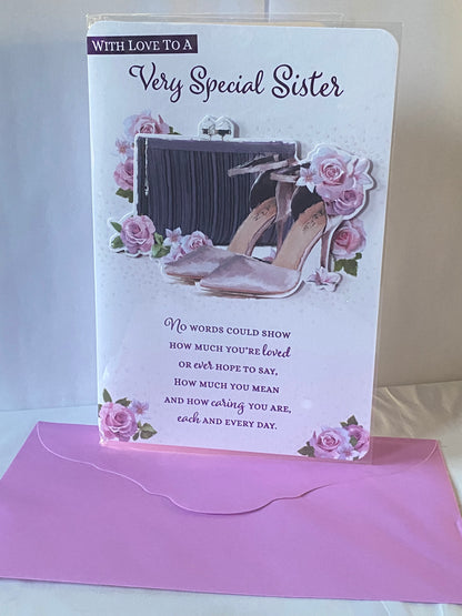 With Love To A Very Special Sister Mother's Day Mothers Day Card Purple Shoes/Bag/Flowers/Words 3D/Glitter/Foil Detail(PRELUDE47150)