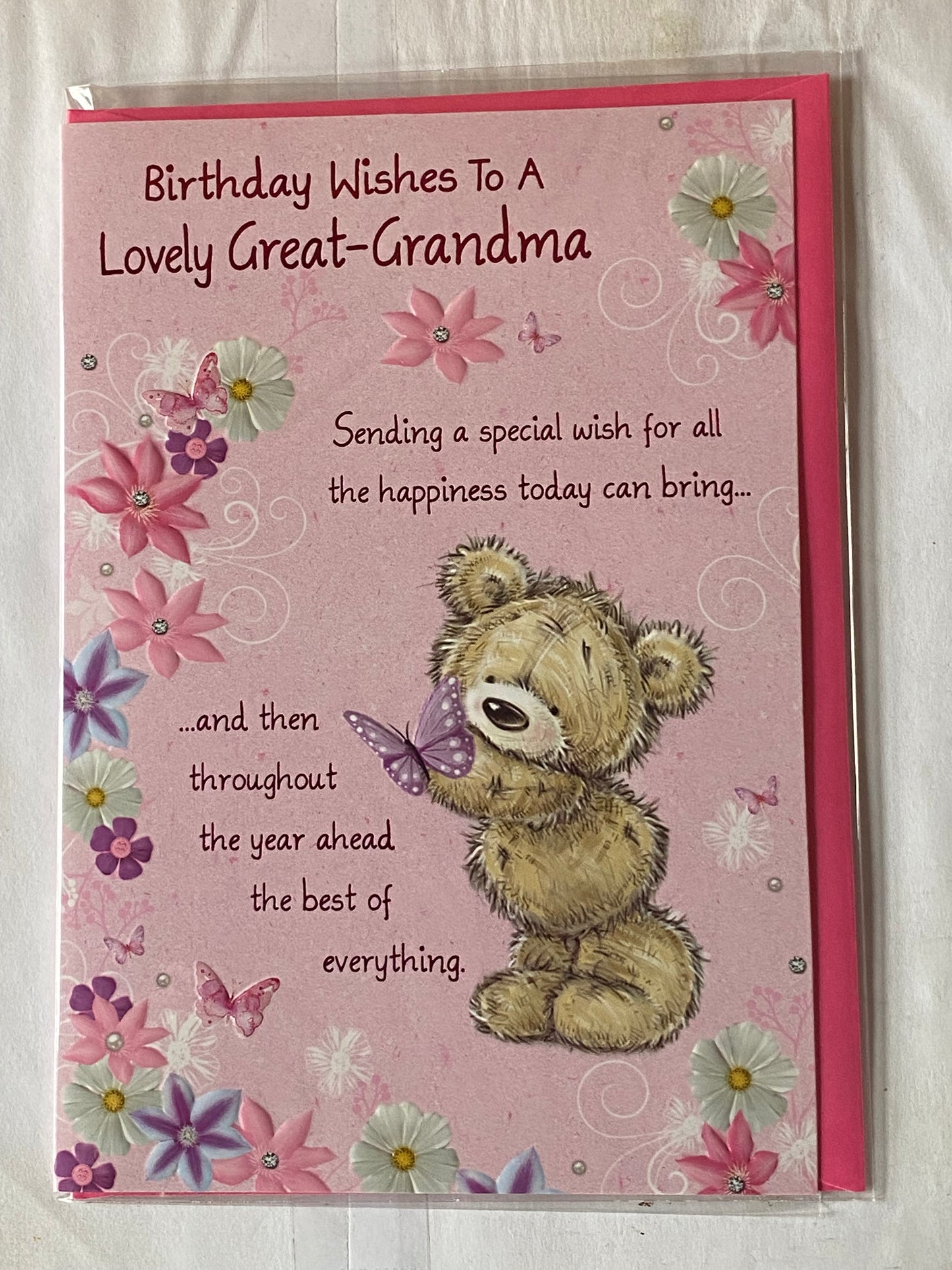 Birthday Wishes To A Lovely Great-Grandma Birthday Card Pink-Teddy/Butterflies/Flowers/Pink Words Foil Detail(PH43616E)