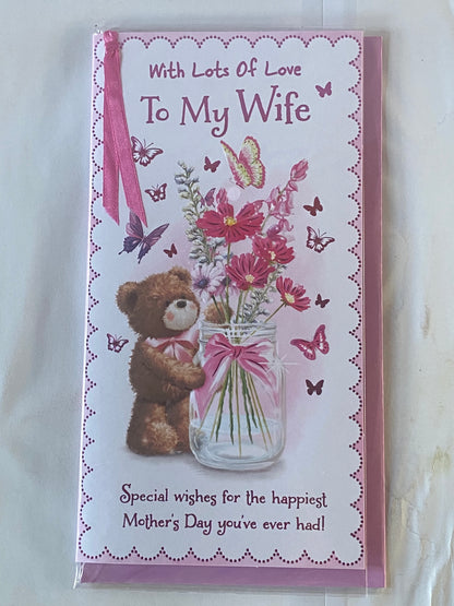 With Lots Of Love To My Wife Mother's Day Mothers Day Card Teddy/Flowers/Butterflies/Jar Ribbon/Foil Detail(PRELUDE47674)