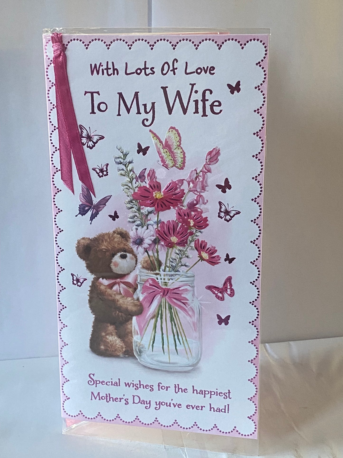 With Lots Of Love To My Wife Mother's Day Mothers Day Card Teddy/Flowers/Butterflies/Jar Ribbon/Foil Detail(PRELUDE47674)