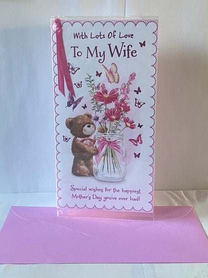 With Lots Of Love To My Wife Mother's Day Mothers Day Card Teddy/Flowers/Butterflies/Jar Ribbon/Foil Detail(PRELUDE47674)