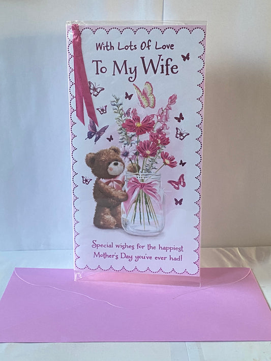 With Lots Of Love To My Wife Mother's Day Mothers Day Card Teddy/Flowers/Butterflies/Jar Ribbon/Foil Detail(PRELUDE47674)