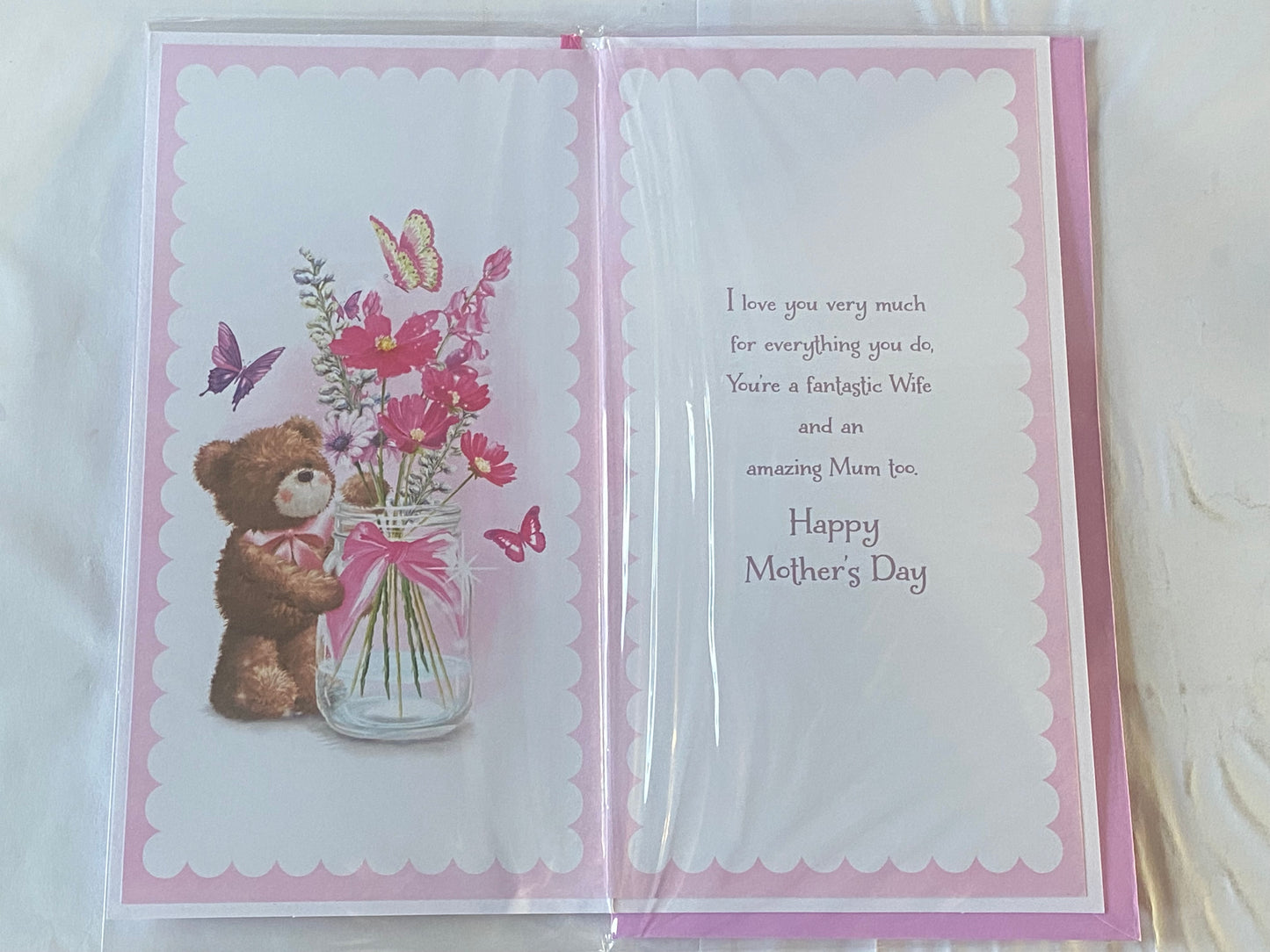 With Lots Of Love To My Wife Mother's Day Mothers Day Card Teddy/Flowers/Butterflies/Jar Ribbon/Foil Detail(PRELUDE47674)