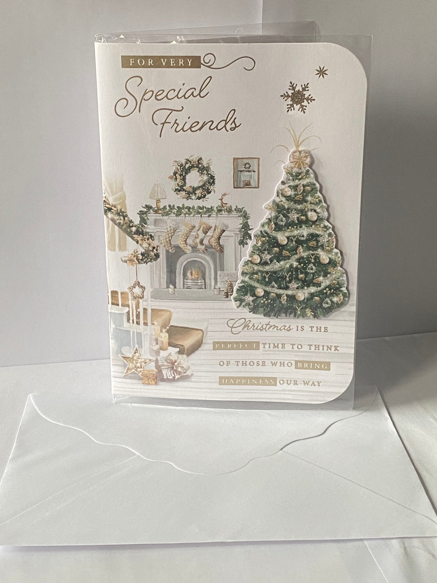 For Very Special Friends Christmas Card Green/Gold Tree/Fireplace/Staircase(PRELUDE46189)