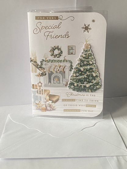 For Very Special Friends Christmas Card Green/Gold Tree/Fireplace/Staircase(PRELUDE46189)